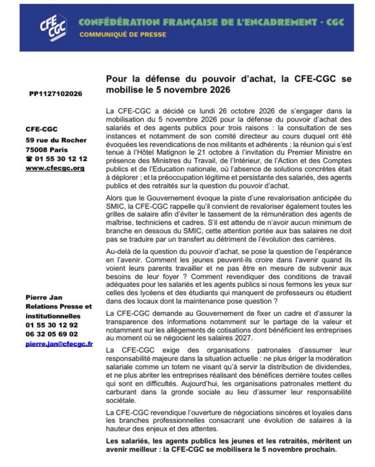 Pouvoir d’achat : la CFE-CGC se mobilise le 5 novembre 2026