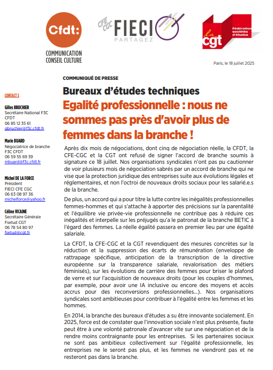 Communiqué de presse - égalité professionnelle dans la branche des bureaux d'études techniques
Egalité professionnelle : nous ne sommes pas près d'avoir plus de femmes dans la branche !